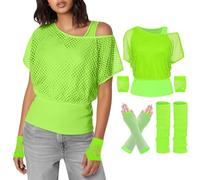 Top a rete da donna per feste, abbigliamento da donna, canotta a rete, maglietta al neon per feste, costume e scaldamuscoli a rete, set tipico da donna