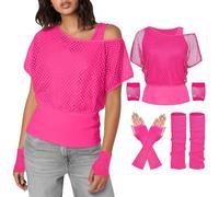 Top a rete da donna per feste, abbigliamento da donna, canotta a rete, maglietta al neon per feste, costume e scaldamuscoli a rete, set tipico da donna