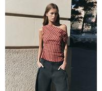 Top a righe rosso & nero con una spalla, perfetto per look estivi, autunnali, da festa e da vacanza. L,M,S,XL,XS,XXSquadriTessuto intrecciato
