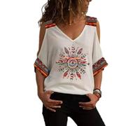 Top a spalla fredda con stampa geometrica da donna Camicette T-shirt a maniche corte estiva Top Camicie casual Top a tunica con scollo a V plus size T-shirt stampata geometrica allentata shirt S-5XL