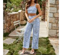 Top a spalline con nodo & Pantaloni a gamba larga con stampa integrale a due pezzi set per vacanze, outfit da crociera per donne L,M,S,XSstampa dappertuttoTessuto intrecciato