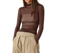 Top a strati a maniche lunghe in rete trasparente per le donne con collo a lupetto floreale in pizzo maglietta trasparente camicetta, Dot Marrone Scuro, L