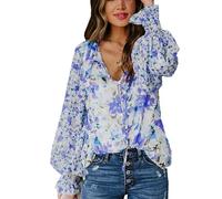 Top a tunica con scollo a V da donna Camicie Boho stampate floreali Camicie a maniche lunghe casual con volant allentato Camicette con stampa floreale T-shirt Top larghi Boho Camicette floreali