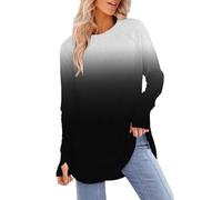Top a tunica da donna, vestibilità ampia, stile casual, taglie forti, a maniche lunghe, girocollo, con stampa sfumata, comoda maglietta pullover, 1A-nero, L