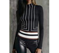 Top aderente a maniche lunghe da donna, alla moda, con collo alto | Silhouette sottile elastica, linee geometriche a contrasto, accentuano la curva del corpo, perfetta per appuntamenti e look