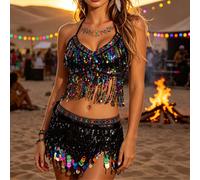 Top alla halter e fascia per fianchi con frange, perline e monete, stile bohémien, realizzato a mano per festival, Burning Man, eventi esotici e feste a tema (disponibile in più colori) Nero (Modello 