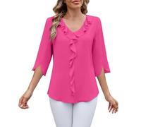 Top alla moda da donna con maniche a 3/4 - Camicette eleganti da donna in chiffon slim fit camicie con scollo a V con dettaglio increspato camicia leggera vita affusolata manica svolazzante camicetta