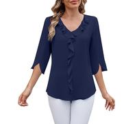 Top alla moda da donna con maniche a 3/4 - Camicette eleganti da donna in chiffon slim fit camicie con scollo a V con dettaglio increspato camicia leggera vita affusolata manica svolazzante camicetta