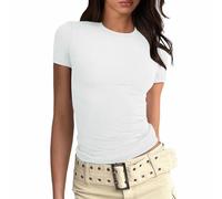 Top alla moda da donna, maglietta basic a maniche corte attillata con vestibilità aderente, costume verde da donna, bianco, L