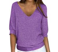 Top autunnale da donna a maniche lunghe con scollo a V, vestibilità ampia, maniche a pipistrello, stile basico, casual, alla moda, maglione, camicetta, per abbigliamento quotidiano, Viola, L