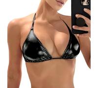 Top bikini metallico da donna - Halter lucido triangolo bralette rave, top cravatta laterale costume da bagno reggiseno, nero, M
