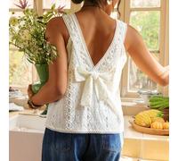 Top canotta crochet vintage e bohémien per donna, bianco crema con schiena scoperta e fiocco, top estivo casual e ampio, design di nicchia 0XL,1XL,2XL,3XL,4XLPianteTessuto in maglia
