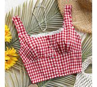 Top canotta da donna a quadri rossi e bianchi con dettagli arricciati, top casual senza maniche adatto per vacanze, estate, ritorno a scuola L,M,S,XL,XS,XXL,XXS,XXXL,XXXXLVichyTessuto intrecciato