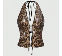Top canotta da donna con pendente a croce, paillettes leopardate, stile punk pop star, adatto per spiaggia, festival e moda di strada, stile Y2K L,M,S,XL,XSBlocchi di colore,Motivo strutturatoPaillett