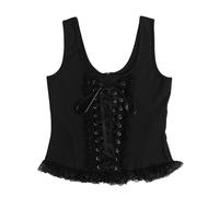 Top Canotta Donna Floreale Pizzo Volant Bandage Slim Nera Gothic Punk Lolita