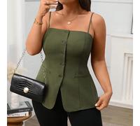 Top canottiera da donna stile francese elegante per primavera/estate, da ufficio e per tè pomeridiano, abbigliamento formale da lavoro, con bottoni frontali e orlo spaccato, verde oliva 0XL,1XL,2XL,3X
