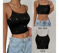 Top canottiera luccicante in paillettes per feste e uso casual da donna, spallina senza maniche, con dettagli in overlay scintillante senza ferretto L,M,S,XLNataleTessuto in maglia