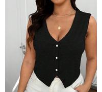 Top casual a canottiera monopetto con scollo a V in tinta unita, in taglie comode per donn 0XL,1XL,2XL,3XL,4XLColore unicoTessuto in maglia