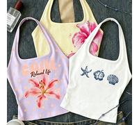 Top casual bianco con scollo all'americana lungo per ragazze pre-adolescenti, canotta aderente per l'estate 7Y,8Y,9Y,10Y,11Y,12Y,13YGeometrico,Lettere,PianteTessuto