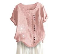 Top casual con stampa tanica camicetta plus camicia bottone in lino boho donne casual camicetta donna maglietta donna manica corta, Colore: rosa., XL