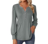 Top casual da donna a V Neck Button Down Shirts 2024 Pieghettato Puff Manica Lunga Tunica Camicette Top Nero Donna Sexy, grigio., XXL