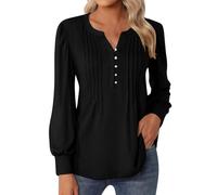 Top casual da donna a V Neck Button Down Shirts 2024 Pieghettato Puff Manica Lunga Tunica Camicette Top Nero Donna Sexy, Nero , M