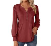 Top casual da donna a V Neck Button Down Shirts 2024 Pieghettato Puff Manica Lunga Tunica Camicette Top Nero Donna Sexy, Colore: rosso, S