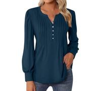 Top casual da donna a V Neck Button Down Shirts 2024 Pieghettato Puff Manica Lunga Tunica Camicette Top Nero Donna Sexy, Blu marino, XXL