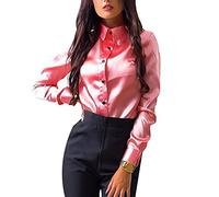 Top Casual da Donna Camicie Classiche Eleganti in Raso Top Slim Fit con Collo in Piedi Camicie da Lavoro No Stiro t-Shirt Manica Lunga Tinta Unita con Bottoni per Ufficio Rosa S