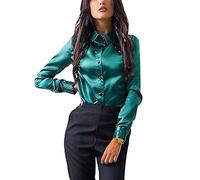 Top Casual da Donna Camicie Classiche Eleganti in Raso Top Slim Fit con Collo in Piedi Camicie da Lavoro No Stiro t-Shirt Manica Lunga Tinta Unita con Bottoni per Ufficio Verde S