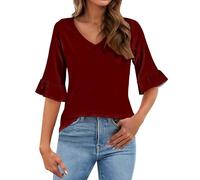 Top casual da donna con maniche a 3/4 - T-shirt con scollo a V con volant, maniche a tre quarti, camicetta elegante adatta al lavoro, versatile, 1c-blu scuro, L