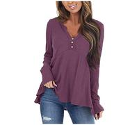Top casual da donna con scollo a V a maniche lunghe con bottoni, camicette larghe, Lilla, M