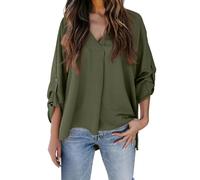 Top casual da donna con scollo a V, maniche a 3/4, con polsini a punto smock, tessuto morbido, camicetta versatile per lavoro e fine settimana, GN2., L