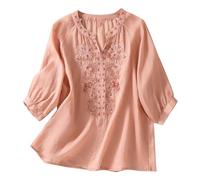 Top casual da donna in tinta unita ricamato, in cotone e lino, disponibile come camicetta a maniche lunghe o maglietta a maniche corte, ideale per l'estate, X2-arancione, L