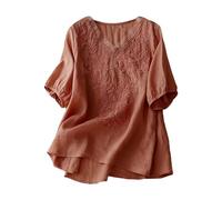 Top casual da donna in tinta unita ricamato, in cotone e lino, disponibile come camicetta a maniche lunghe o maglietta a maniche corte, ideale per l'estate, X1-rosso., L