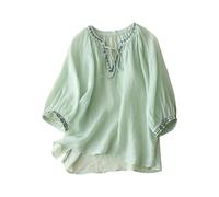 Top casual da donna in tinta unita ricamato, in cotone e lino, può essere indossato come camicetta a maniche lunghe o maglietta a maniche corte per l'estate, Verde-a., 3XL