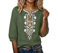 Top casual in misto cotone lino, vestibilità comoda con maniche a tre quarti, perfetta per l'estate, tempo libero e momenti di relax nella vita di tutti i giorni e uscite leggere(Blackish Green, XXL)