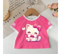 Top casuale a manica corta con scollo rotondo, per bambina, con stampa colorblock di gatto carino, fiocco e zampa di gatto, adatto per l'estate 6-9M,9-12M,12-18M,18-24M,2-3YAnimale,Fumetto,GeometricoT