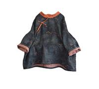 Top cinese da donna a maniche lunghe 100% lino camicia floreale stampato tradizionale rana pulsante Tang vestito camicetta top, nero, Taglia Unica