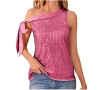 Top con brillantini, per feste, da donna, senza maniche, con paillette, elegante top con brillantini, alla moda, lucido, senza spalline, per festival, camisole, Rosa acceso., M