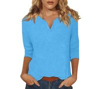 Top con maniche a 3/4 da donna, estivo, con scollo a V, tinta unita, casual, carino, a tre quarti, camicette eleganti, 1b-azzurro, S