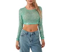 Top con paillettes da donna, a maniche lunghe, con paillettes brillante, maglietta aderente, camicetta chic ed elegante, da sera, per feste, discoteca, verde chiaro, M