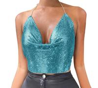 Top con paillettes da donna a schiena nuda e crop topscollo profondo a V sexy costume di carnevale reggiseno con paillettes danza del ventre festival discoteca club cocktail estivo brillante canotta