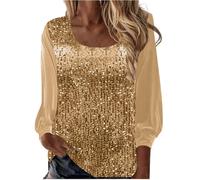 Top con paillettes da donna UK collo a U manica lunga pullover camicette da donna manica in seta satinata scintillante scintillante elegante glitter festival abiti da sera, Oro, XXL