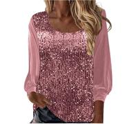 Top con paillettes da donna UK collo a U manica lunga pullover camicette da donna manica in seta satinata scintillante scintillante elegante glitter festival abiti da sera, rosa, S