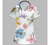 Top con scollo a V a maniche corte, con due tasche, grafica stampata a line floreali colorate, adatto come uniforme per infermiere/medici, blusa da lavoro sanitario, top per toelettatura animali, abbi
