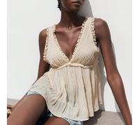 Top con scollo a V e balze, colore albicocca, stile boho, adatto per vacanze, spiaggia e resort, per donne, ideale per concerti country e spiaggia L,M,S,XSLettere,Colore unicoTessuto intrecciato