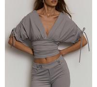 Top con scollo a V, maniche annodate, arricciato, stile occidentale e country, adatto per autunno, streetwear, festival, elegante, stile Y2K, sexy, carino, stile boho anni '90, Midwest L,M,S,XL,XSColo