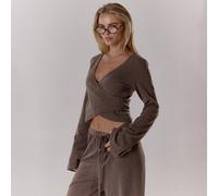 Top con scollo a V zigrinato, con laccio di chiusura sulla parte superiore, stile casual country cottage, elegante, adatto per una serata in casa, colore caramello, per primavera/estate L,M,S,XL,XSCol
