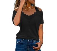 Top con Spalle Scoperte da Donna Magliette estive con Scollo a V Tagliate Camicette a Maniche Corte in Pizzo Eleganti Camicia estive Camicette con Pannello Sexy Magliette Casual Larghe e Solide